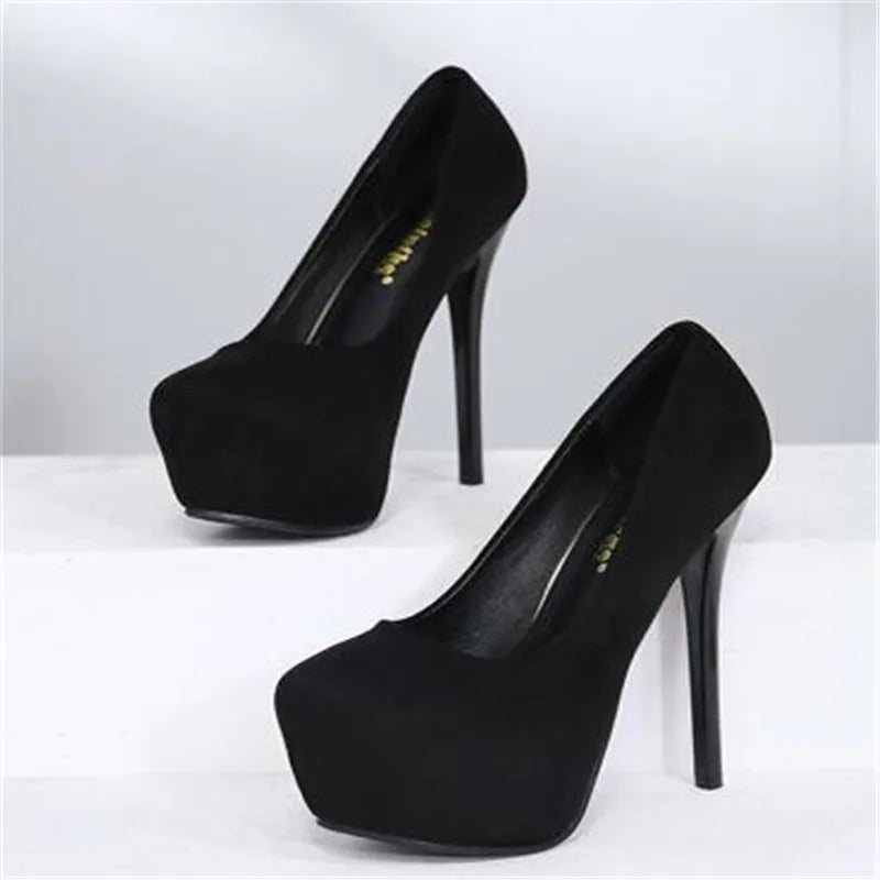 Women's Super High Heels Flock Platform Pumps Night Club Sexy Thin Heel plus Size Big Footwear 14cm
