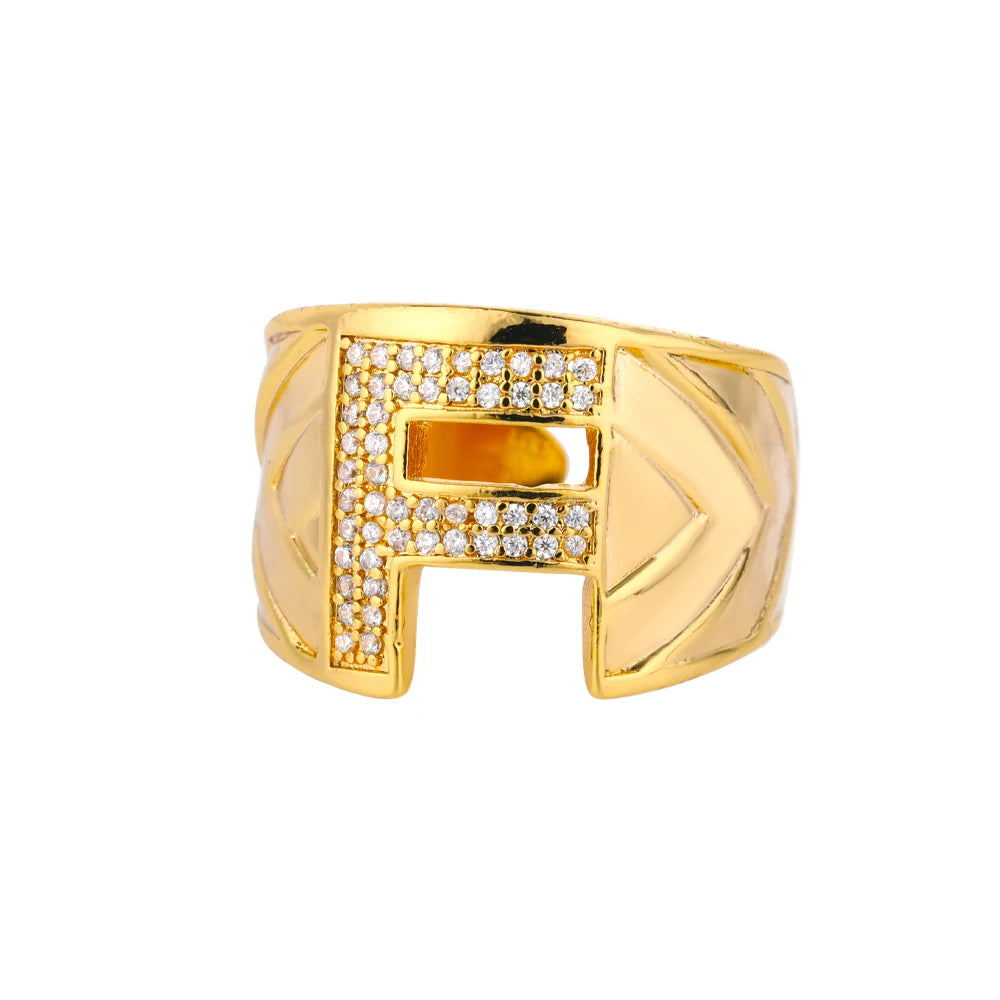 Chunky Zircon Initial Letter Rings For Women Stainless Steel Hip Hop Jewelry
