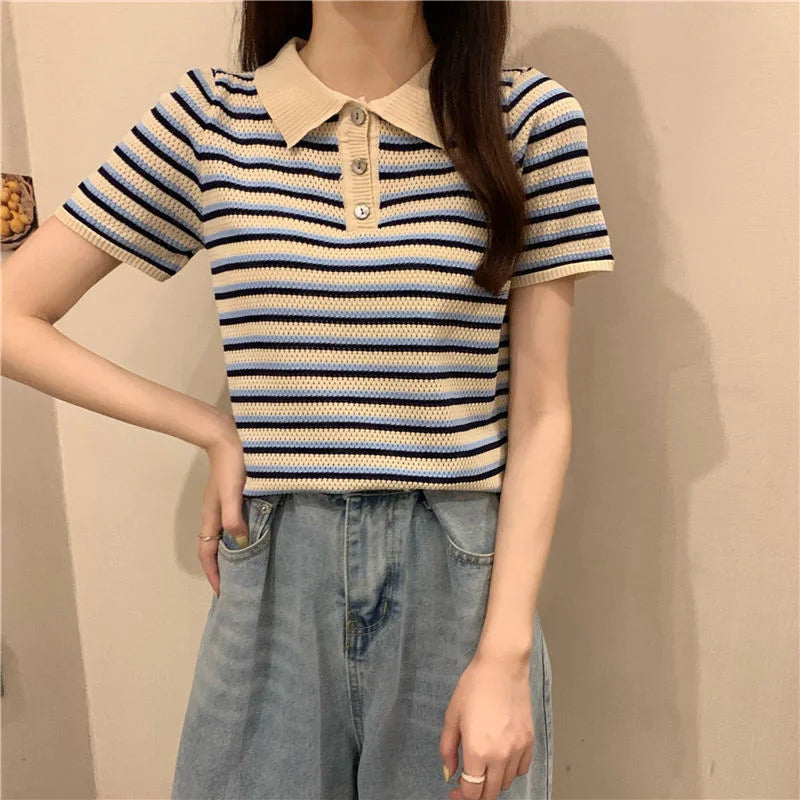 Woman TShirts Top Summer Women's 2021 Striped Knitted Short-Sleeved  Crop Top Mujer Camisetas