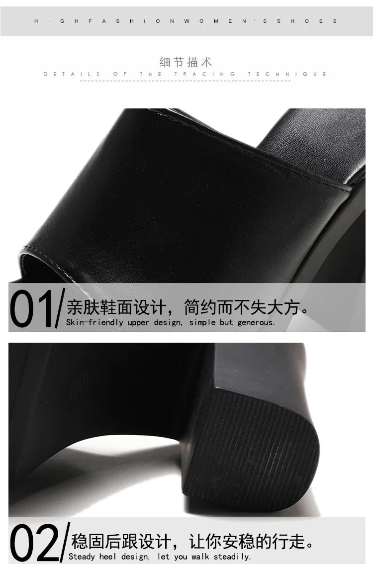 Outdoor White/black square high heels slides mules lady platform peep toe slippers thick bottom shoes brief women summer sandals