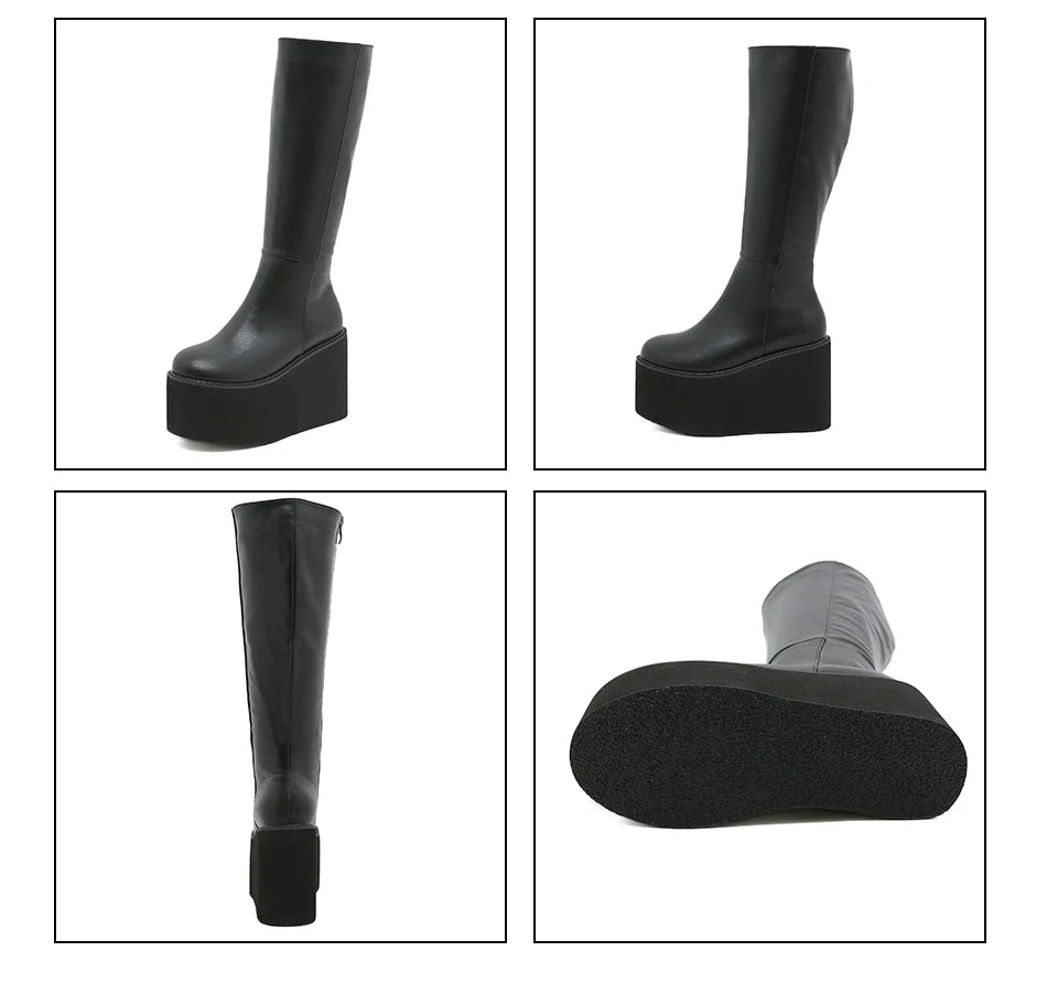 Gdgydh Matte Black Knee High Boots Women Platform Wedges High Heels Thick Bottom Ladies INS Hot Winter Fashion Elegant Drop Ship