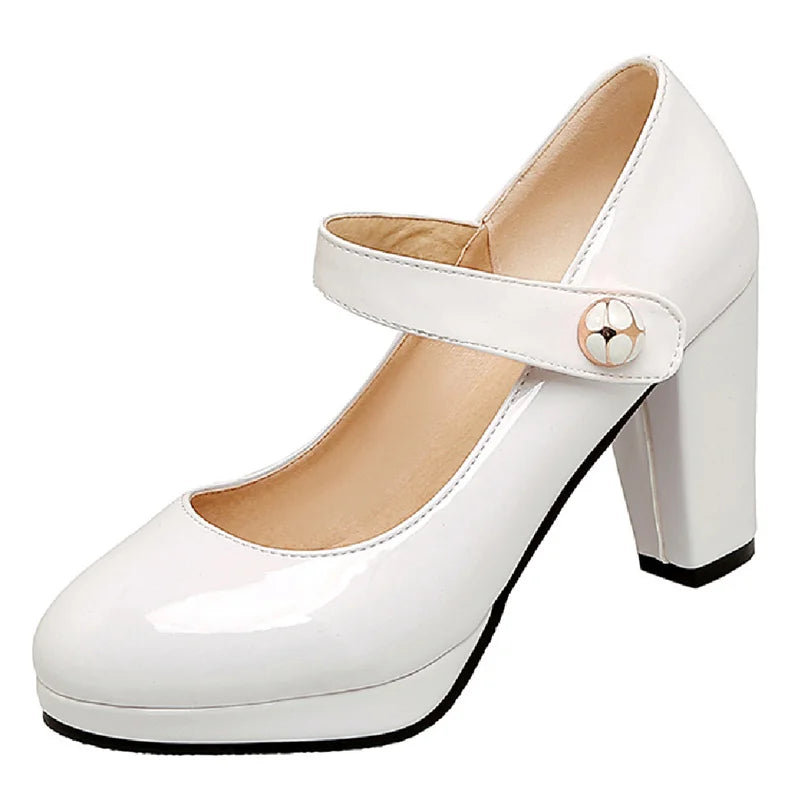 Elegant Women's High Heels Mary Janes Shoes Patent Red Pink White Heeled Party Wedding Shoes Female Dress Pumps Large Size 45