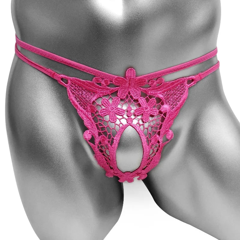 Hot Men Lingerie G-String Bikini Underwear with Penis Holes Gay Male Thong Cute Lace Sissy Panties Underpants