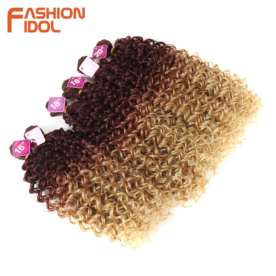 FASHION IDOL Afro Kinky Curly Hair Extensions 16-20 inch Synthetic Hair Bundles Lace With Closure Weave Ombre Blonde Fake Hair