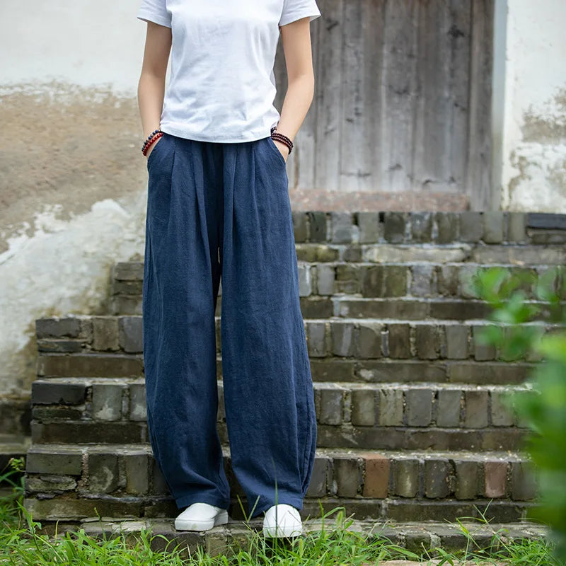 Johnature Women Loose Cotton Linen Casual Pants Solid Color Elastic Waist Lantern Pants 2025 Spring New Female Trousers