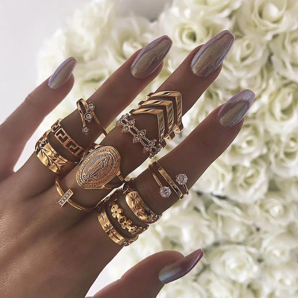12pcs/Set Fashion Elephant Knuckle Rings Set For Women Crystal Stone Feather finger Ring Female Boho Party Jewelry Gift