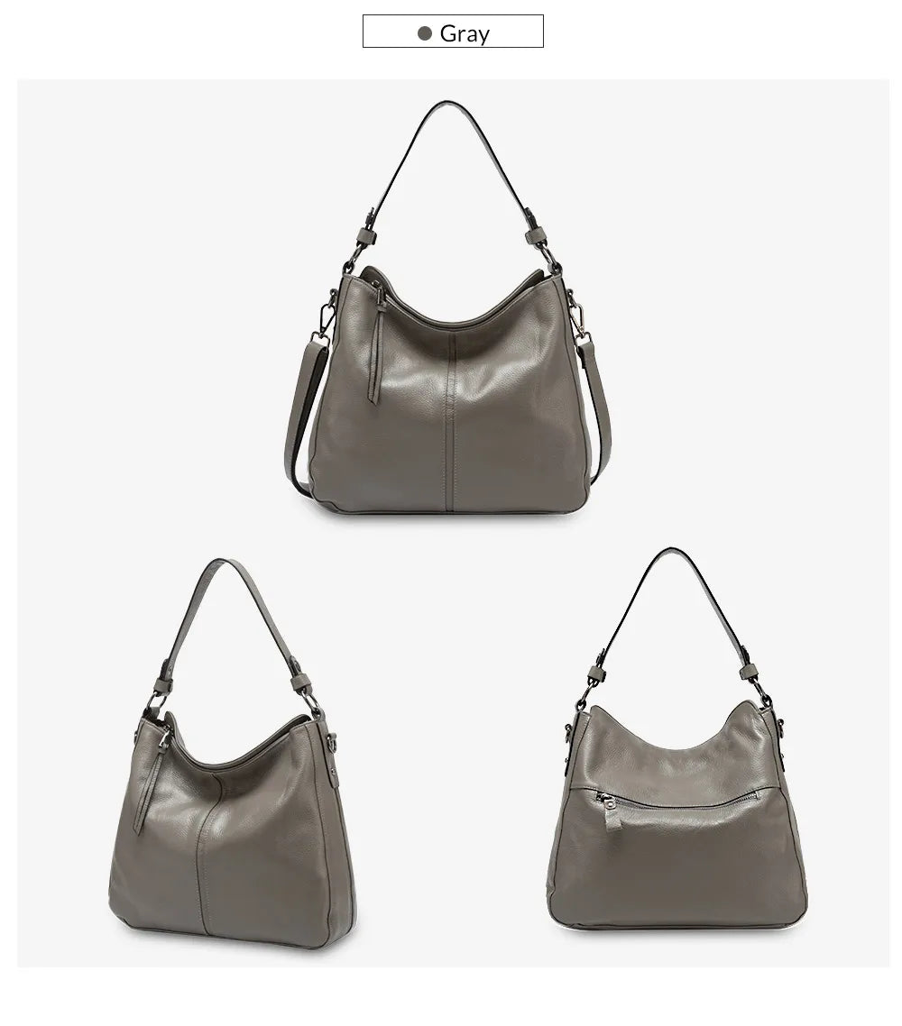 Zency 100% Genuine Leather Elegant Women Shoulder Bag Classic Black Hobos Roomy Casual Tote Handbag Crossbody Messenger Grey