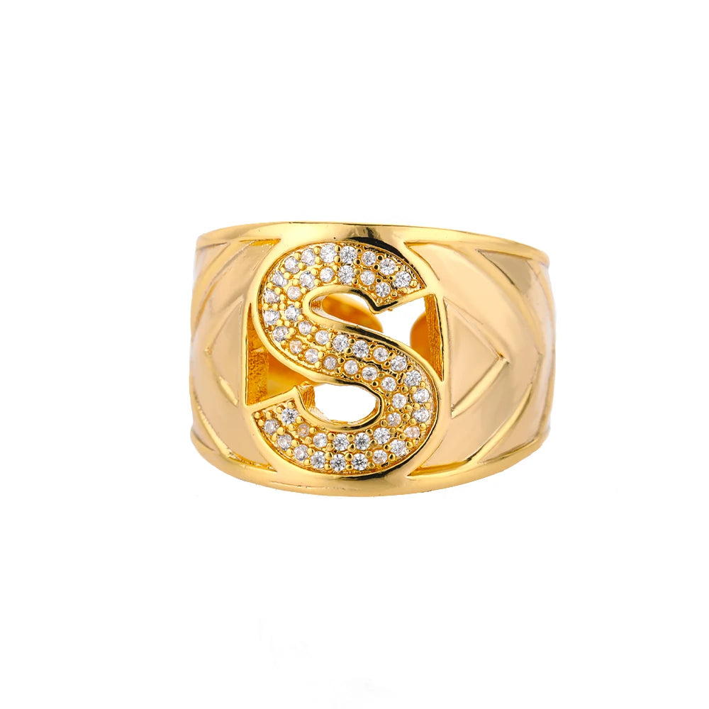 Chunky Zircon Initial Letter Rings For Women Stainless Steel Hip Hop Jewelry
