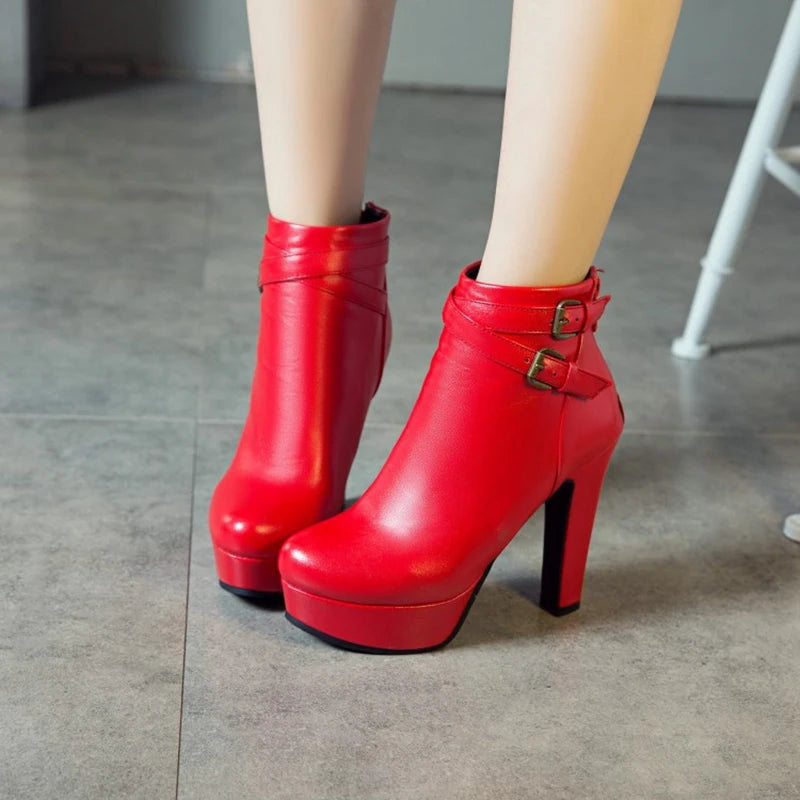 REAVE CAT Size 34-50 Ladies Platform Ankle Boots Party Office Women Fashion 12CM Thick High Heels Buckle Shoes F1484