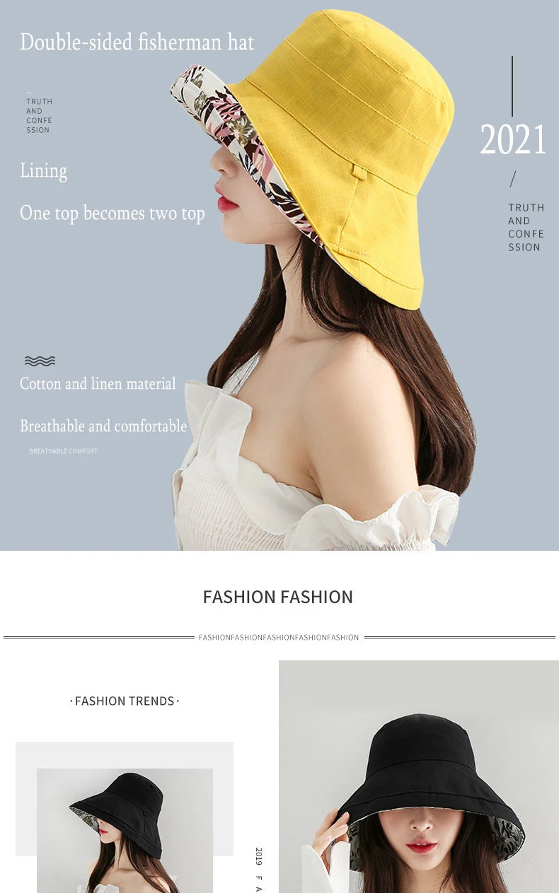 K34 Women's Hat Bucket hat Panamanian Women  Four Seasons Fisherman Hat Big Brim Hat Double-Sided Fisherman Hat Sun Visor Sunhat