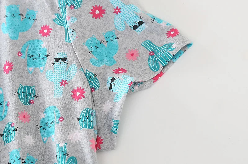 Summer Women Casual Cartoon Sleep Dress 100% Cotton Nightgown Plus Size Dresses Women Chemise de nuit Short Sleeve Home Dress