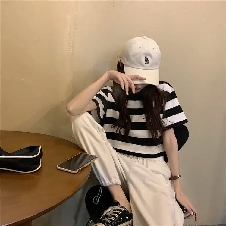 Black White Striped Cropped Top Women Summer New Korean Loose Short-sleeved T-shirt Fashion Egirl Letter Print Oversized Shirt