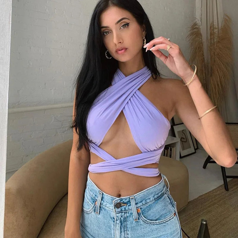Women Strappy Cross Over Front Cut Out Halter Neck Sleeveless Backless Wrap Crop Top Bandage Vest Summer Sexy Tops Woman Clothes