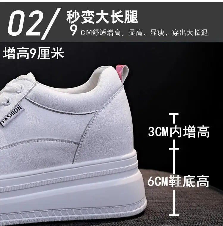 New Spring Autumn White Hidden Wedge Heels Casual Shoes Woman 9CM Platform Shoes Elevator High-heels Walking Sneakers Women