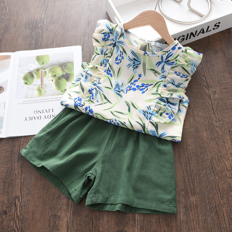 Girls Clothing Sets Brand New Summer New Kids Flower Print Vest Top with Casual Short Pant 2PCS Girl Suit Clothing 3-7 Y