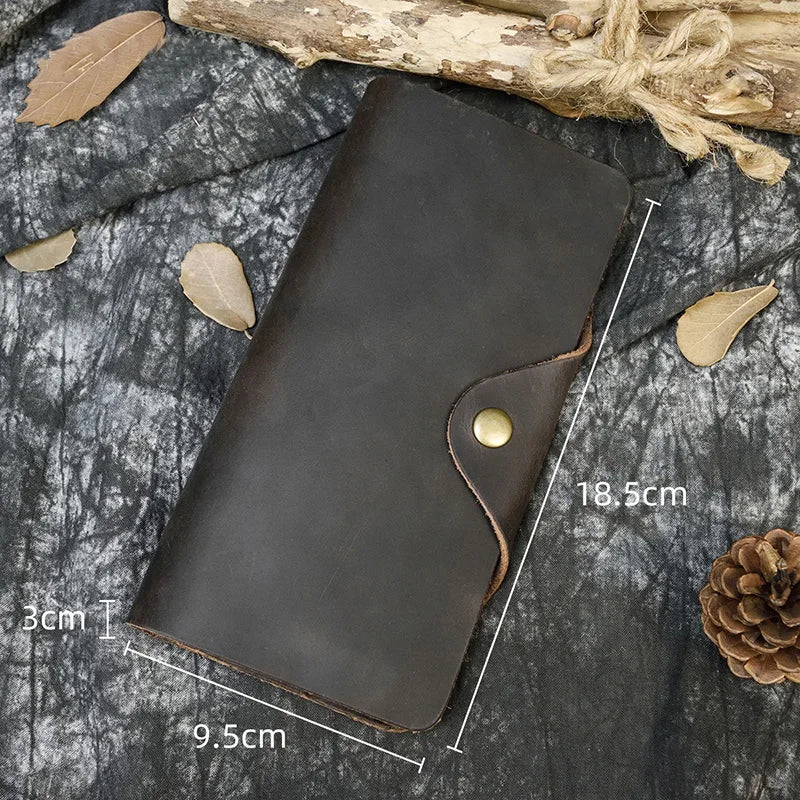 Men's Crazy Horse Leather Long Wallet Brown Real leather Trifold clutch snap purse Hasp purse with Phone pocket and coin pocket
