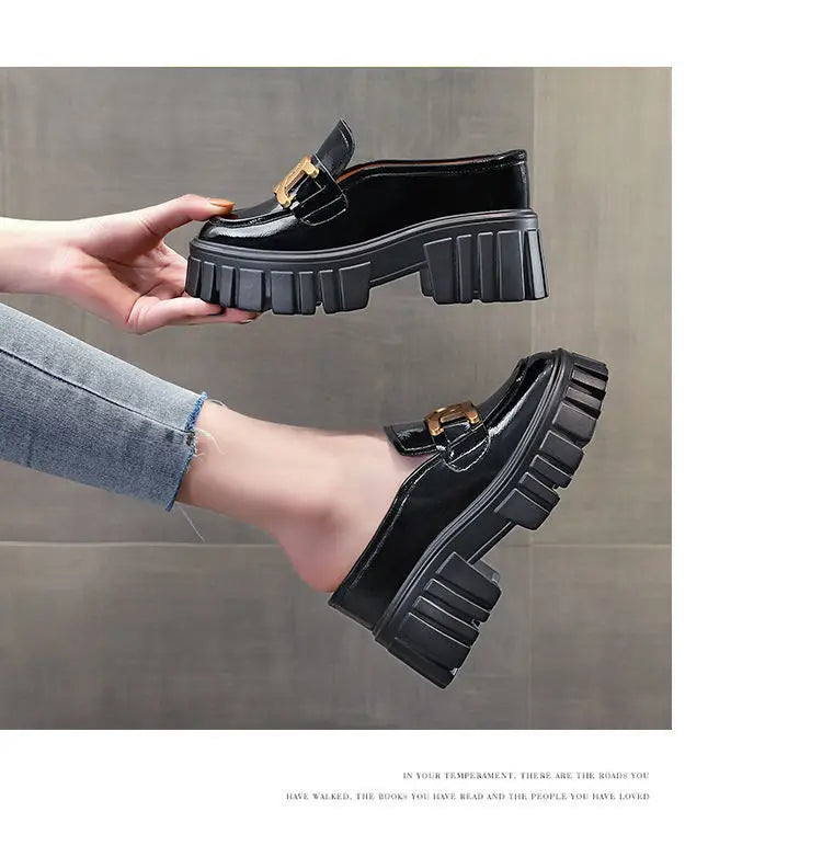 Leather Closed Toe Half Slippers Women Summer 2023 New Fashion Thick Bottom Internet Celebrity Lazy Sandals Shoes Women