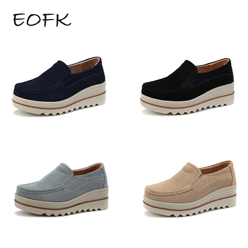 Women's Spring Autumn Genuine Leather Loafers - Fall Slip-On Round Toe Navy Platform Casual Flat Shoes