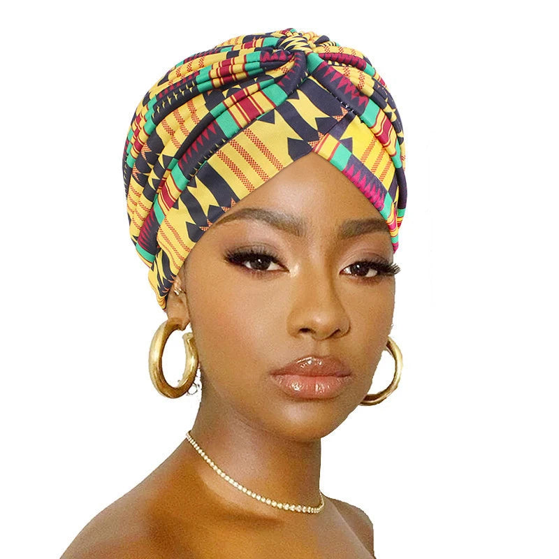 2022 New Print African Headtie Turban Cap Soft Stretch Twisted Pleated Beanie Head Wrap for Women Chemo Bonnet