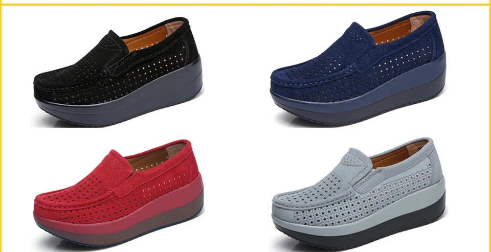 Women's Spring Autumn Genuine Leather Loafers - Fall Slip-On Round Toe Navy Platform Casual Flat Shoes