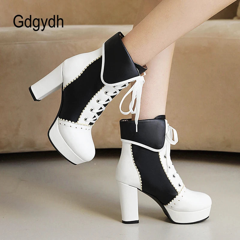 Gdgydh Korean Sweet Cosplay Lolita Shoes Women Ankle Boots High Heels Ruffles Dress Wedding Shoes Bride Mixed Colors Lace Up