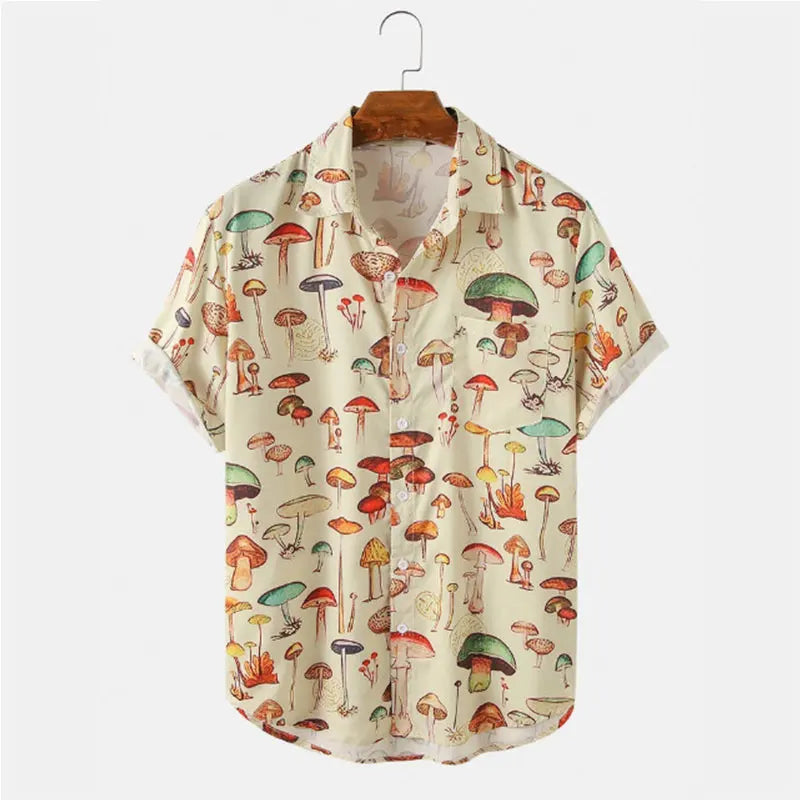 New Summer Men Hawaiian Style Shirt Fashion Casual Streetwear Turn-down Collar Short Sleeve Cartoon Mushroom Beach Printed Shirt