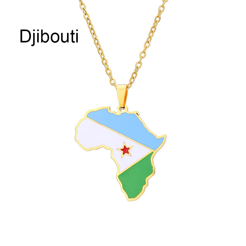 African Map Flag Pendant Necklace Stainless Steel Men Women Rwanda Sudan Uganda Zimbabwe Zambia Ethnic Maps Jewelry Gift