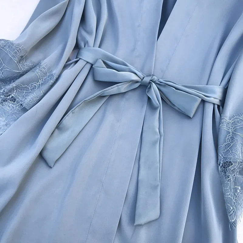 Women Pajamas Five Piece Set Spring Summer Sleepwear Nightgown Sexy Lace Bath Robe Gown Loose Silk Satin Home Wear Loungewear