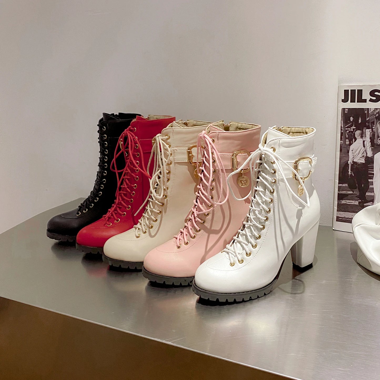 Women's Autumn Lace-Up Chunky Heel Ankle Boots with Belt Buckle Side Zipper High Heels Booties Lace Up Design Classic Lolita