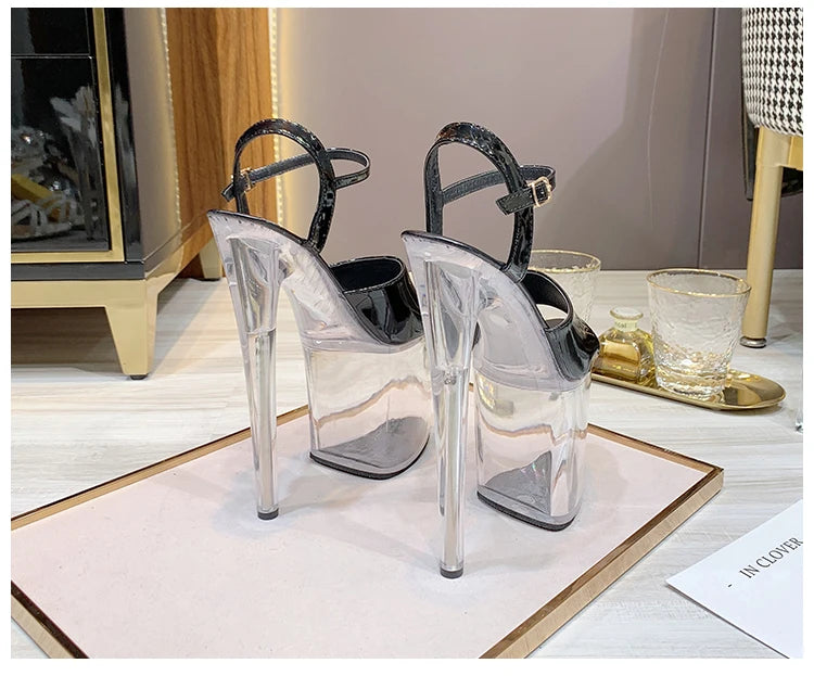 Summer Sandalias Mujer 2024 Sandales Sexy 20cm High Heels Patent Leather Crystal Stripper Platform Heels Women Shoes