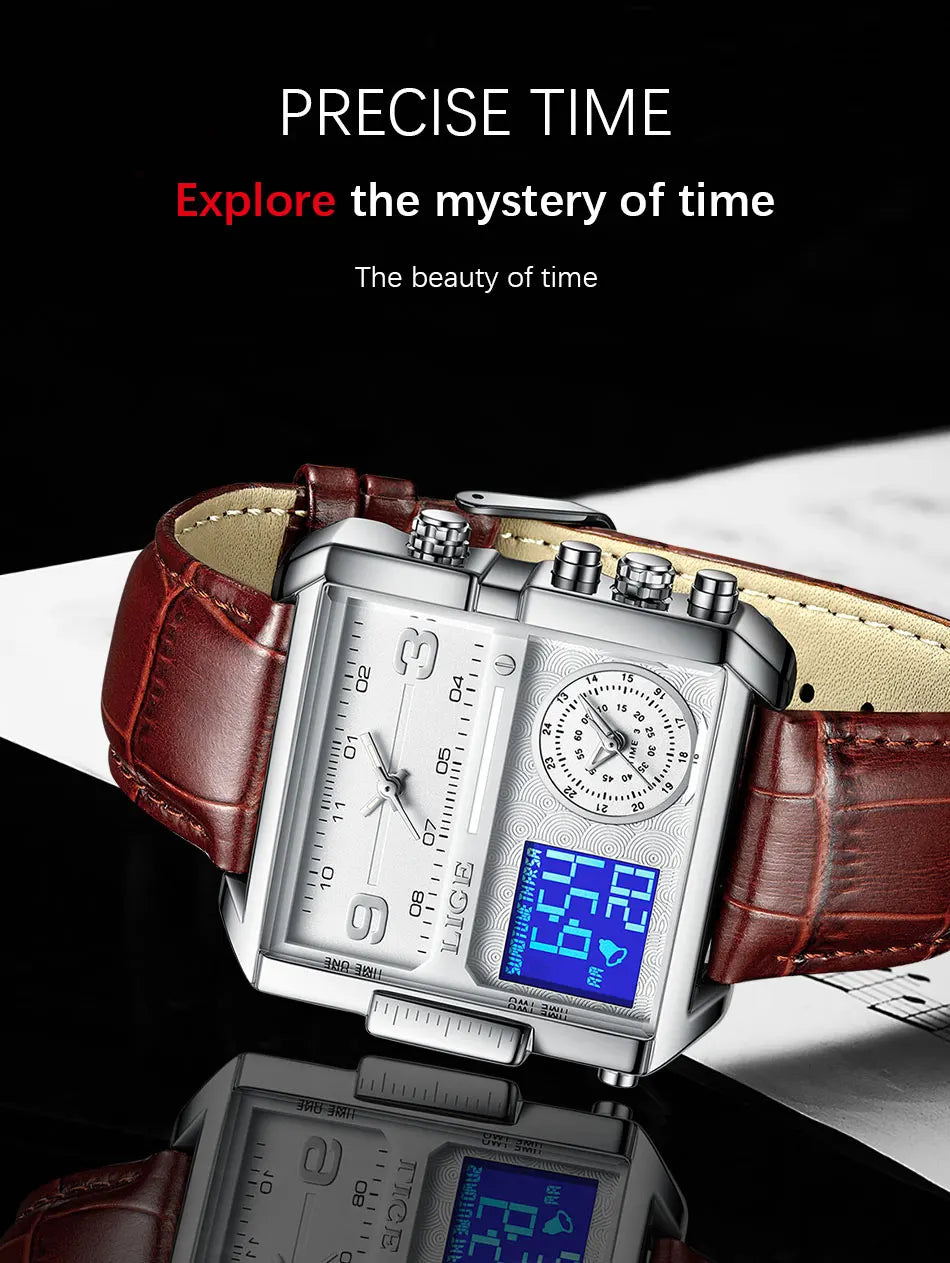 LIGE 2025 Top Brand Luxury Mens Watches Square Digital Sports Quartz Wrist Watch for Men Waterproof Stopwatch Relogio Masculino