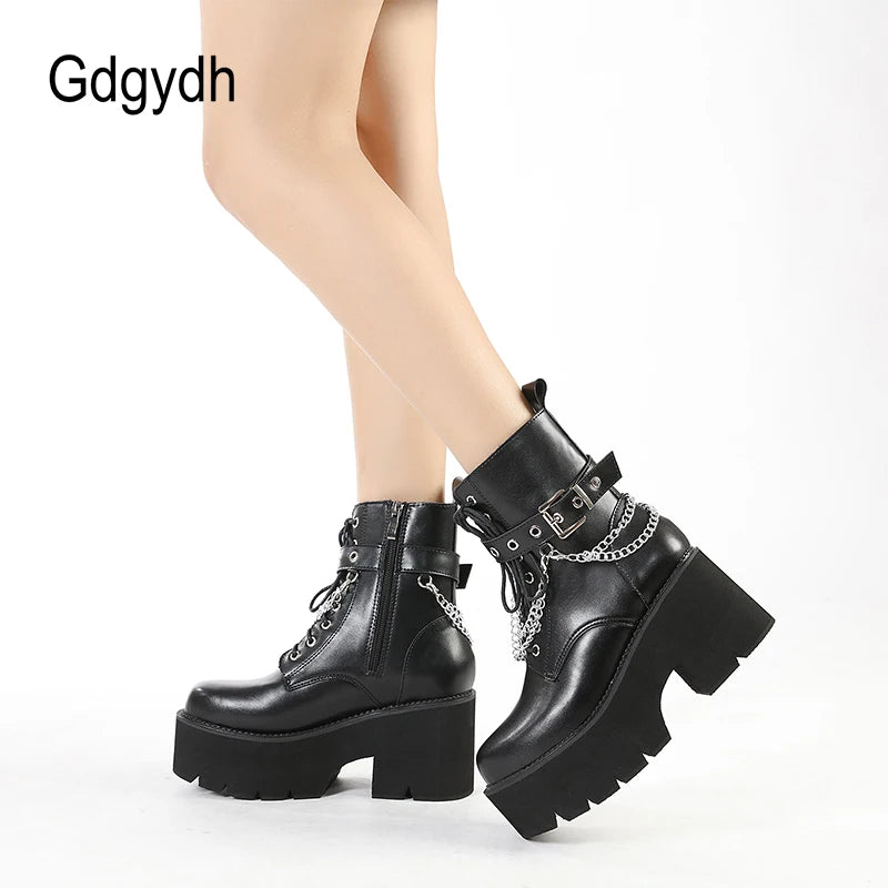 Gdgydh Modern Boots Woman Shoes Gothic Metal Decoration Black Boots Women Heels Sexy Chain Chunky Heel Platform Footwear Zipper
