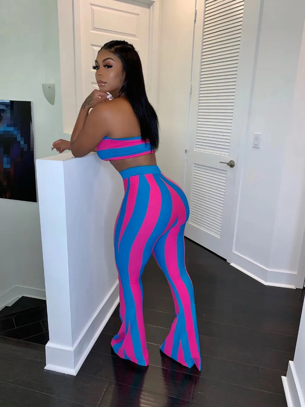 Two Piece Set Women Striped 2 Piece Set Women Outfits Crop Top Pants Two Pieces Sets Summer Clothes for Female Sexy Women's Suit