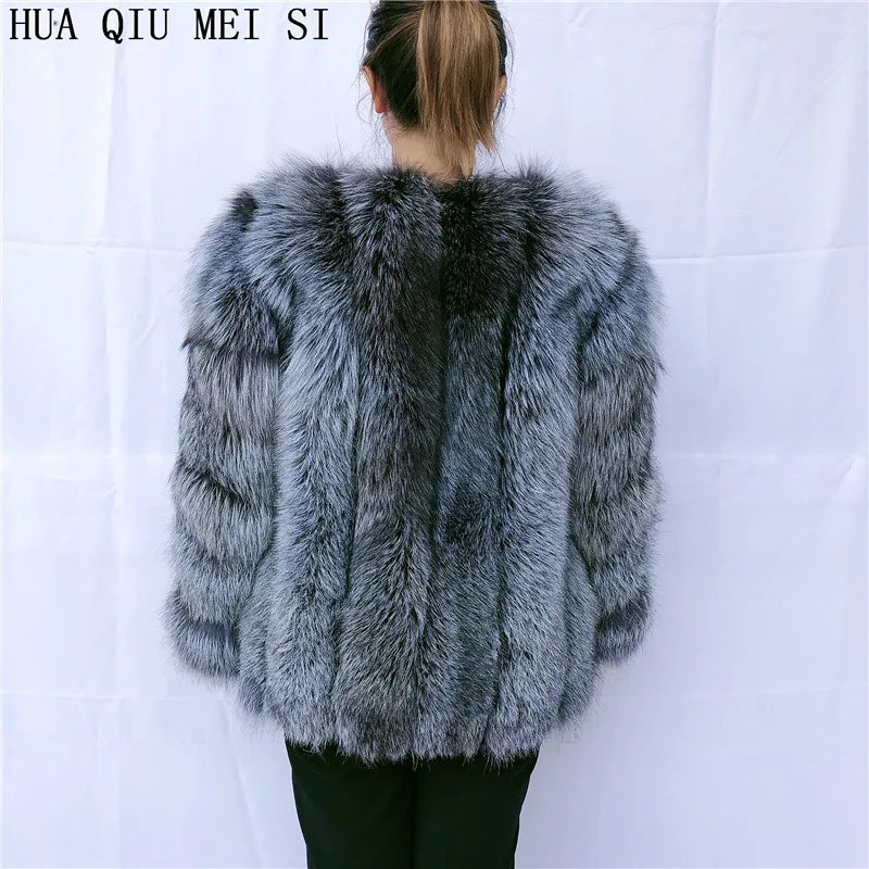 HUAQIUMEISI Real fox fur coat women's autumn and winter vertical bar natural fox jacket new fashion silver fox fur coat