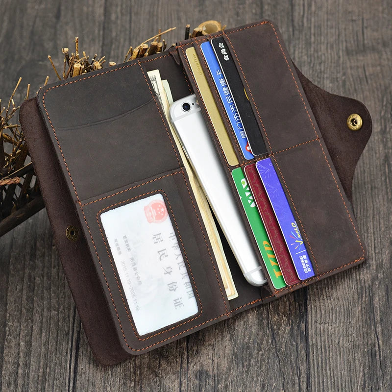 Men's Crazy Horse Leather Long Wallet Brown Real leather Trifold clutch snap purse Hasp purse with Phone pocket and coin pocket