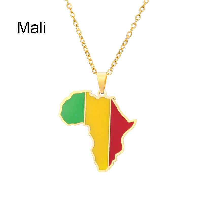 African Map Flag Pendant Necklace Stainless Steel Men Women Rwanda Sudan Uganda Zimbabwe Zambia Ethnic Maps Jewelry Gift
