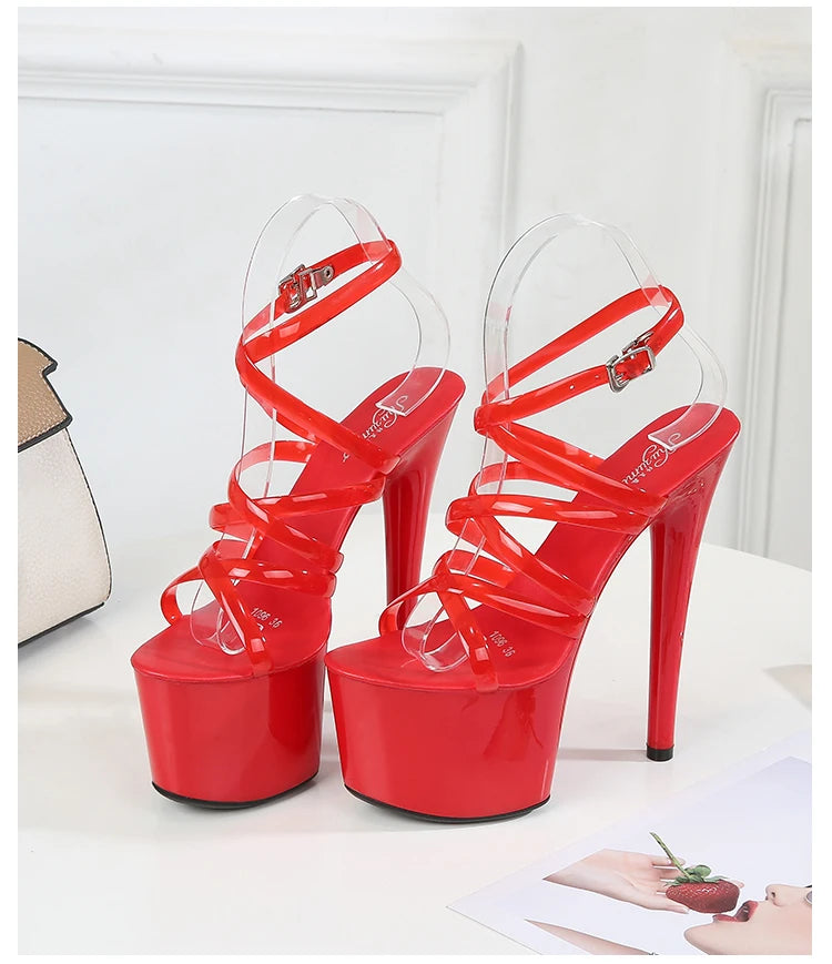 2022 Summer 15cm 17cm 20cm Transparent PVC Strap Sandals Women High Heels Platform Shoes Woman Cross Strap Sandals Big Size 43