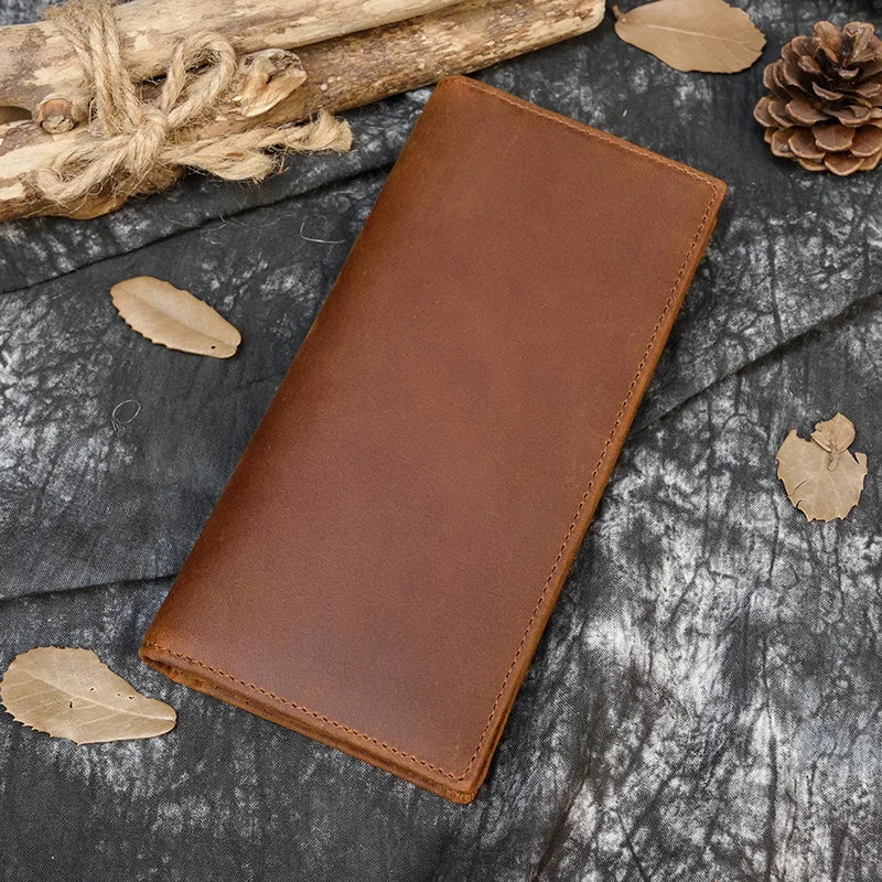 Men's Crazy Horse Leather Long Wallet Brown Real leather Trifold clutch snap purse Hasp purse with Phone pocket and coin pocket