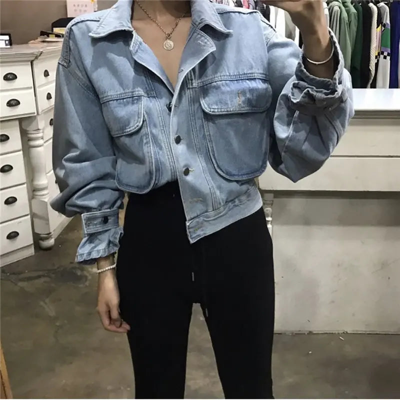 Autumn Denim Jacket Women Chic Casual Boyfriend Style Office Lady Loose Fit Coat