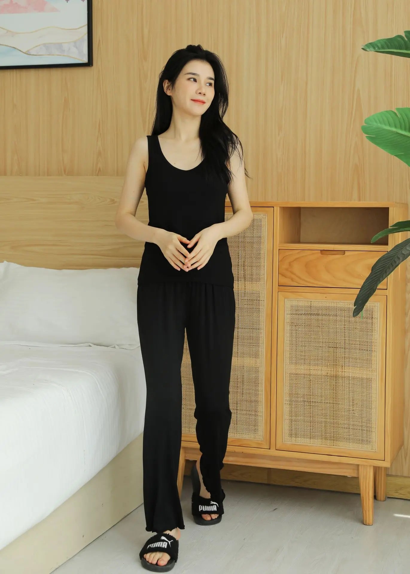 Fdfklak Modal Women's Vest Trousers Suit Pajamas Chest Pads Bra Bottoming Loose Lotus Leaf Pants Two Piece Set Home Clothes