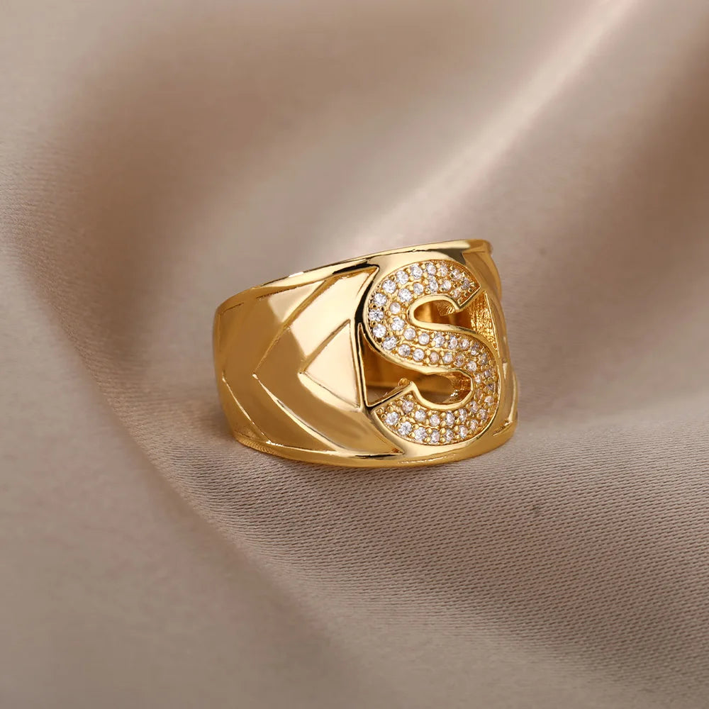 Chunky Zircon Initial Letter Rings For Women Stainless Steel Hip Hop Jewelry