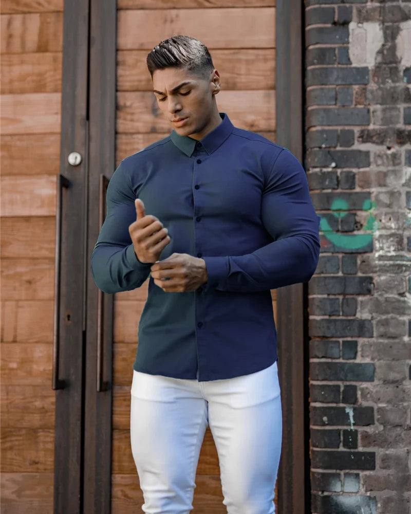 Autumn Fashion Long Sleeve Shirt Men Super Slim Fit Male Casual Social Business Dress Shirt Brand Men Fitness Sports Clothing