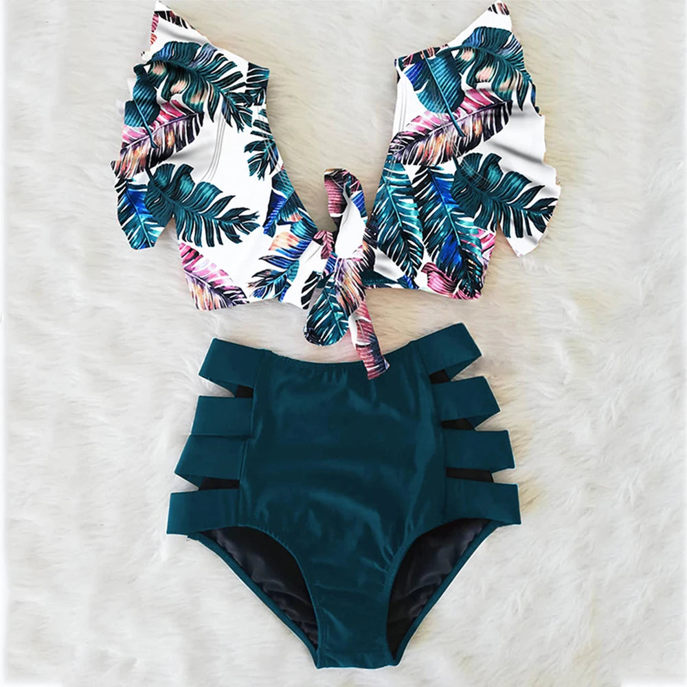 High Waist Ruffled Sexy Bikini Set 2025 Flounce Biquini Swimwear Women Two Pieces Swimsuit Floral Beachwear V-Neck Bathing Suit