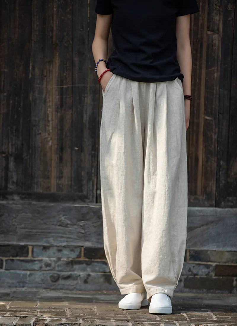 Johnature Women Loose Cotton Linen Casual Pants Solid Color Elastic Waist Lantern Pants 2025 Spring New Female Trousers