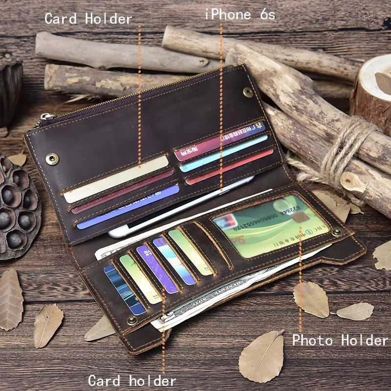 Men's Crazy Horse Leather Long Wallet Brown Real leather Trifold clutch snap purse Hasp purse with Phone pocket and coin pocket