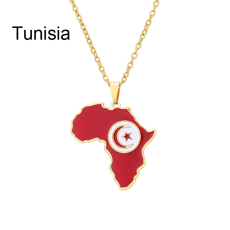 African Map Flag Pendant Necklace Stainless Steel Men Women Rwanda Sudan Uganda Zimbabwe Zambia Ethnic Maps Jewelry Gift