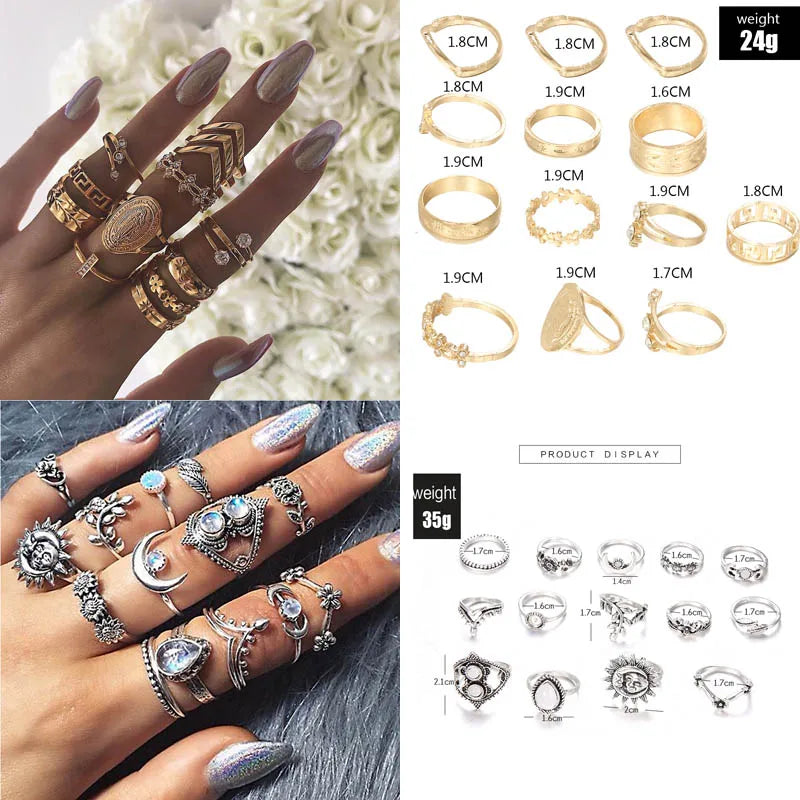 12pcs/Set Fashion Elephant Knuckle Rings Set For Women Crystal Stone Feather finger Ring Female Boho Party Jewelry Gift