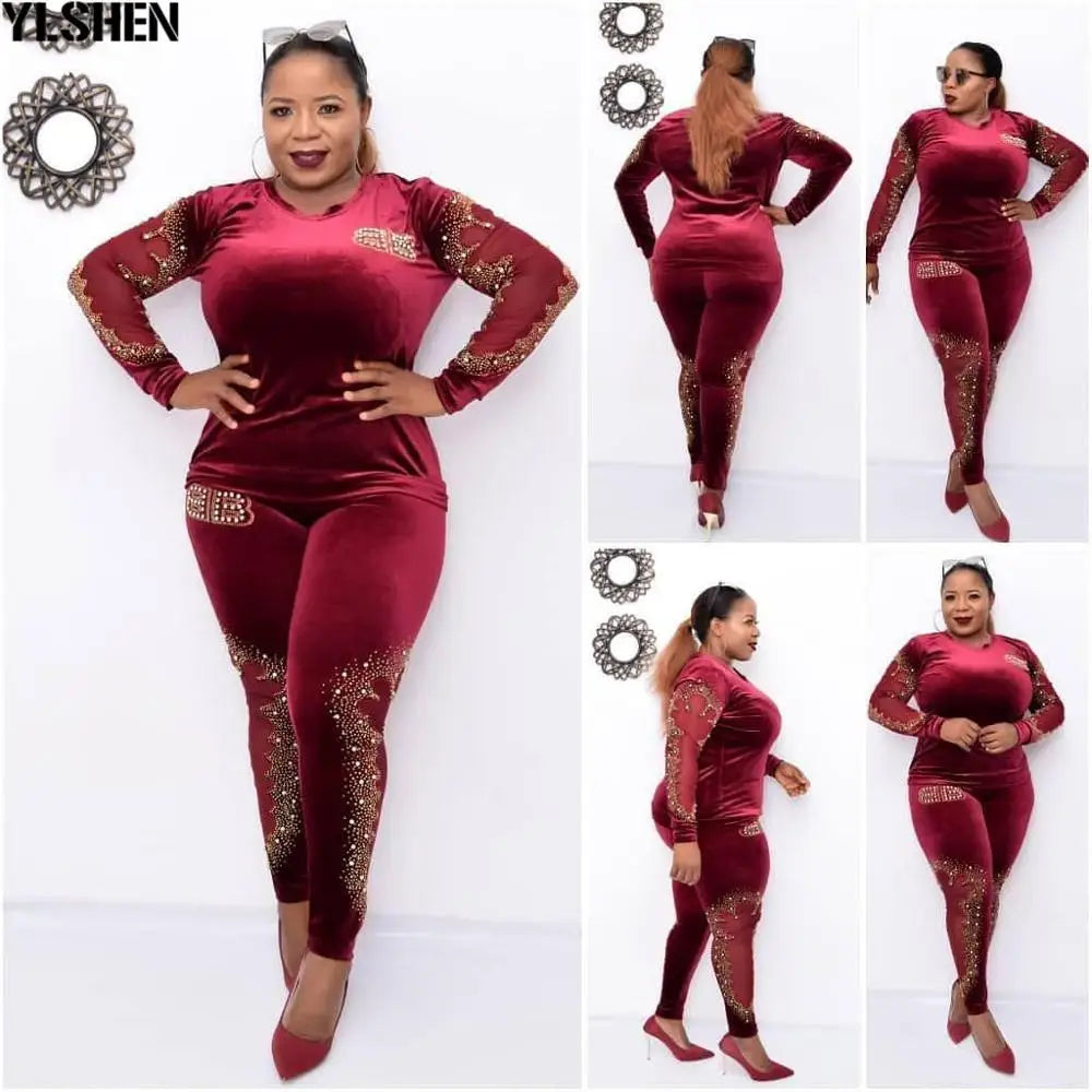 African Sets For Women 2024 Long Sleeve Beading Diamonds African Elastic Bazin Baggy Pants Rock Style Dashiki Famous Suit Lady