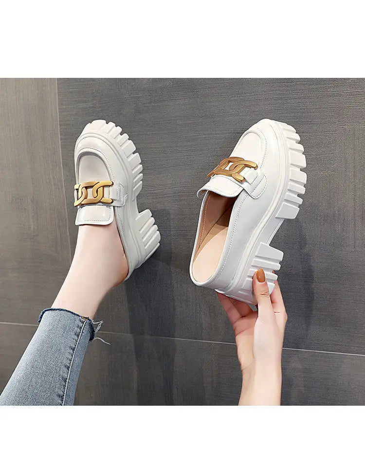Leather Closed Toe Half Slippers Women Summer 2023 New Fashion Thick Bottom Internet Celebrity Lazy Sandals Shoes Women