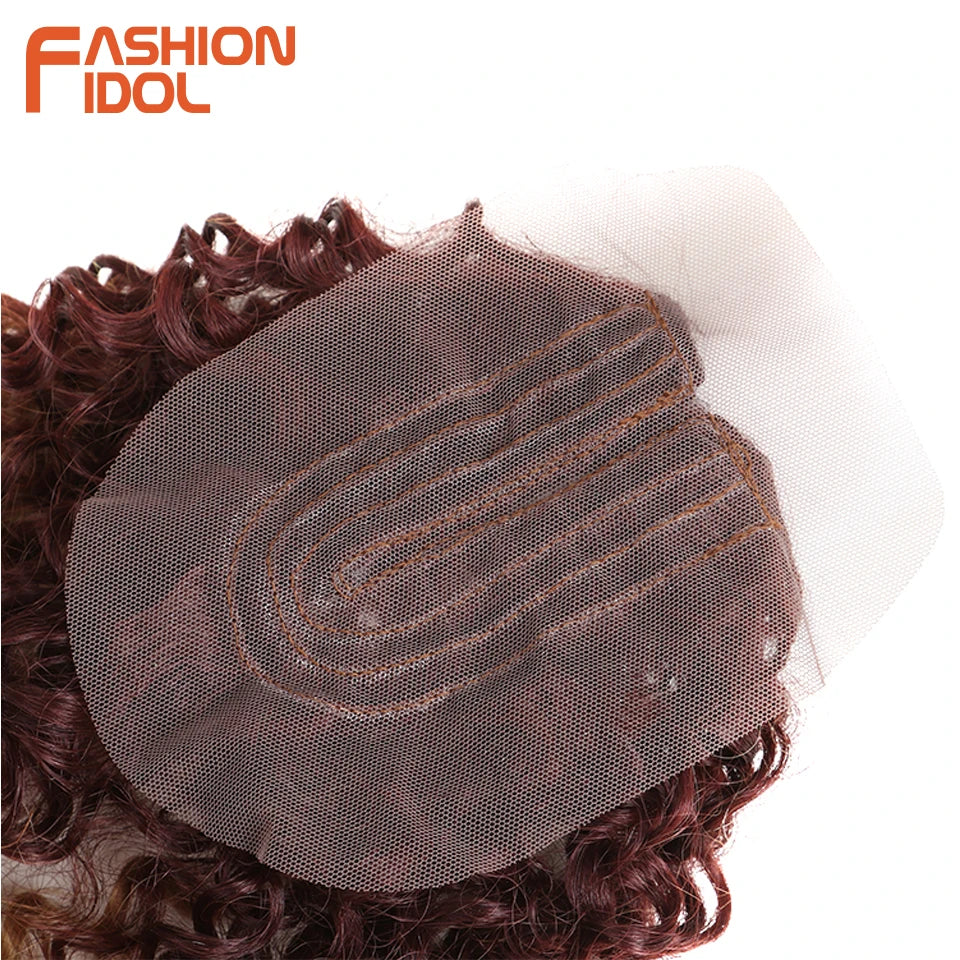 FASHION IDOL Afro Kinky Curly Hair Extensions 16-20 inch Synthetic Hair Bundles Lace With Closure Weave Ombre Blonde Fake Hair